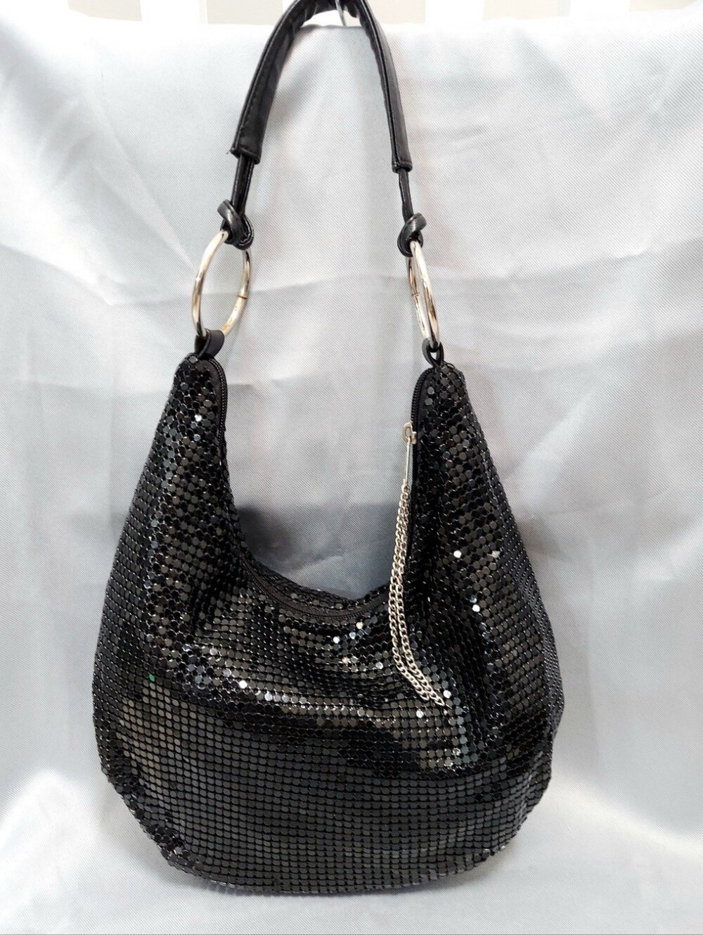 Chainmail Hobo Evening Bag, Black Shiny, Zip Closure, Satin Interior Y2K